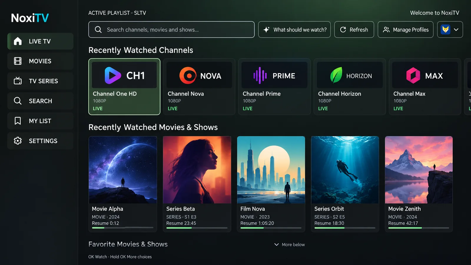 NoxiTV dashboard with recent channels and programmes