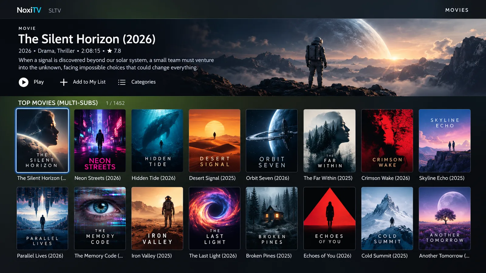 NoxiTV movies browsing interface with generic demo artwork