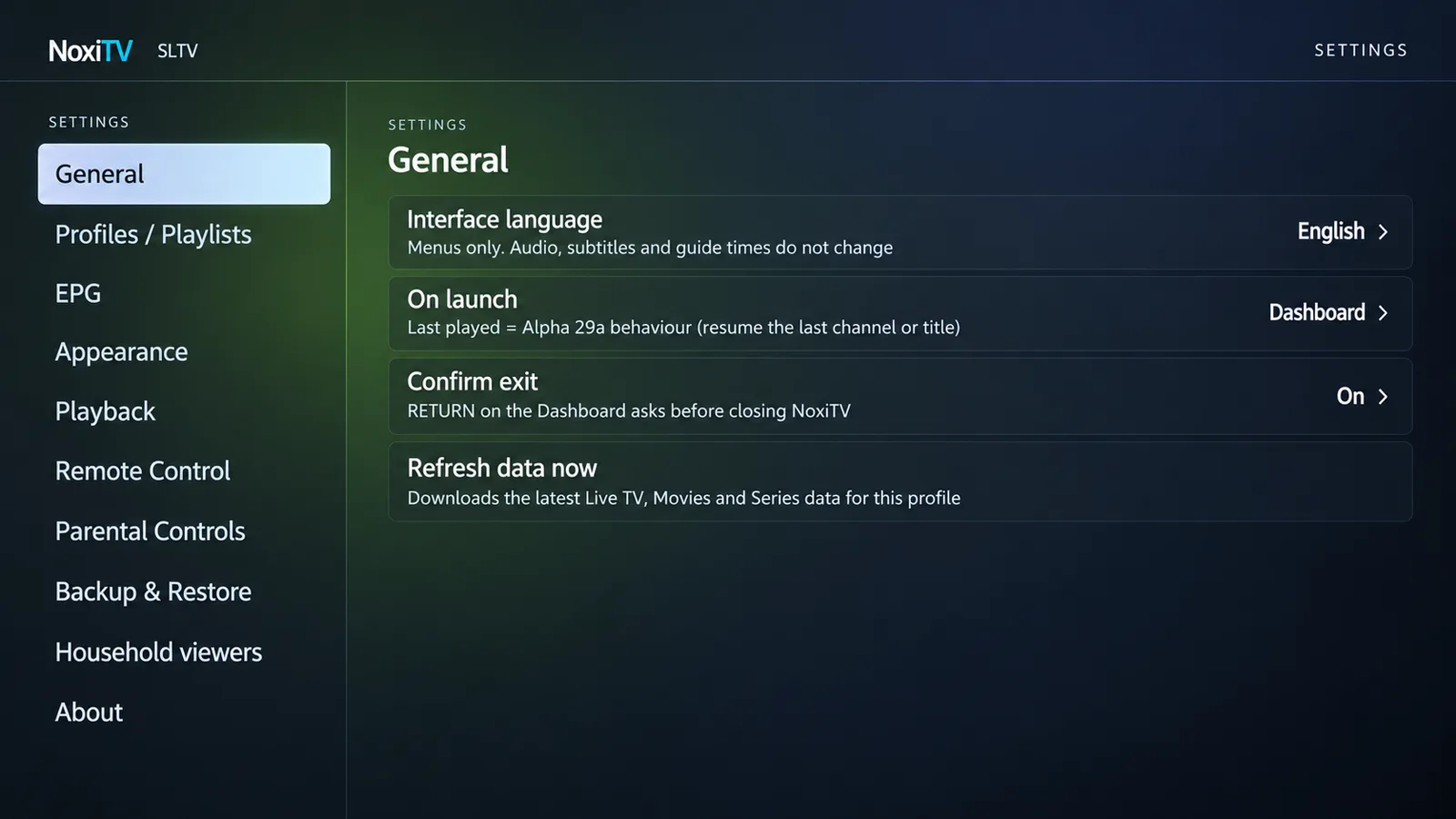 NoxiTV general settings interface