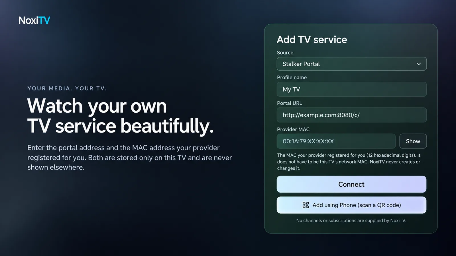 NoxiTV add TV service interface with dummy source details