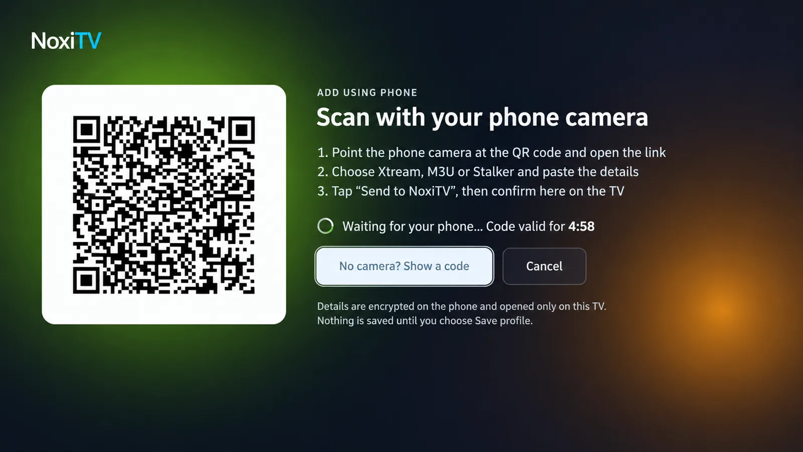 NoxiTV phone-assisted pairing interface with a generic non-functional QR code